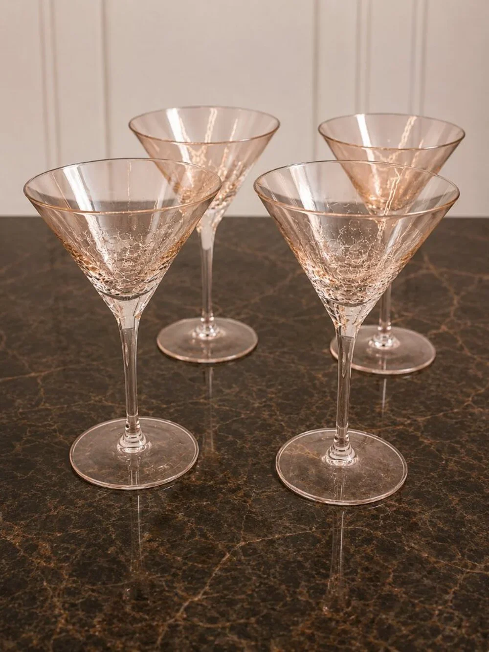 Pier 1 Blush Gold Crackle Martini Glasses Set of 4 MCM Cocktail Stemware 7.5
